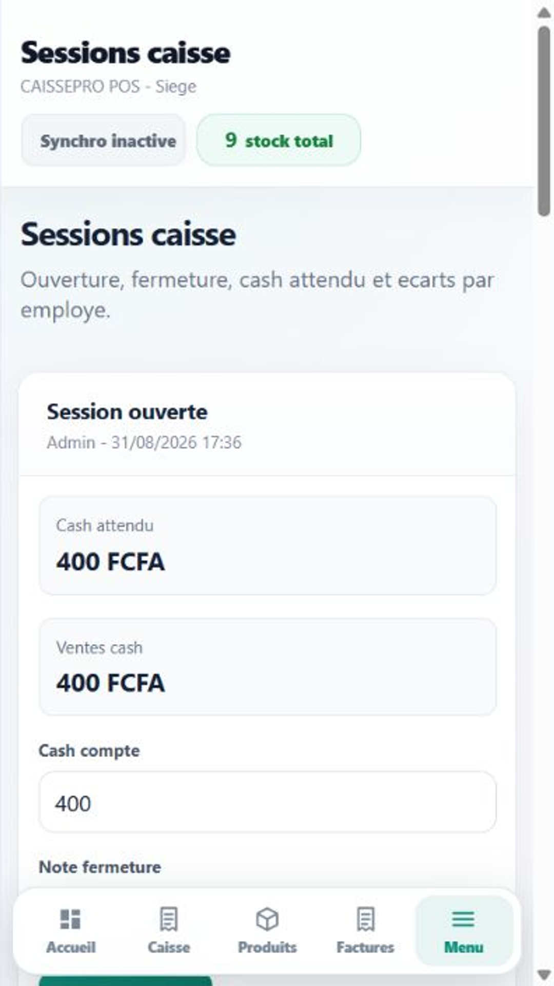 Arrêté journalier CAISSEPRO sur Android