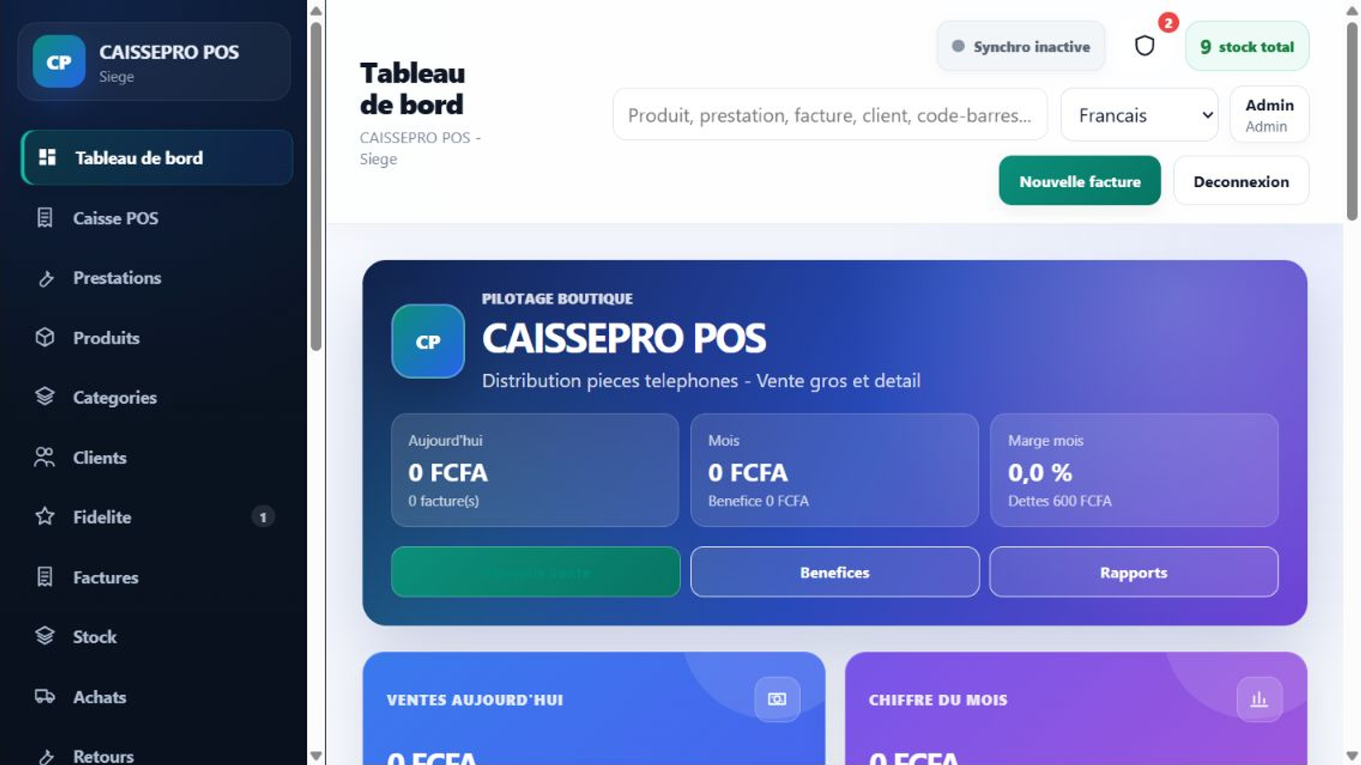 Tableau de bord CAISSEPRO avec ventes, stock et graphiques